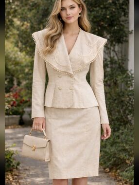 Joseph Ribkoff | Vintage Rayon Linen Skirt Suit Beige | Pearl Lace Embroidery